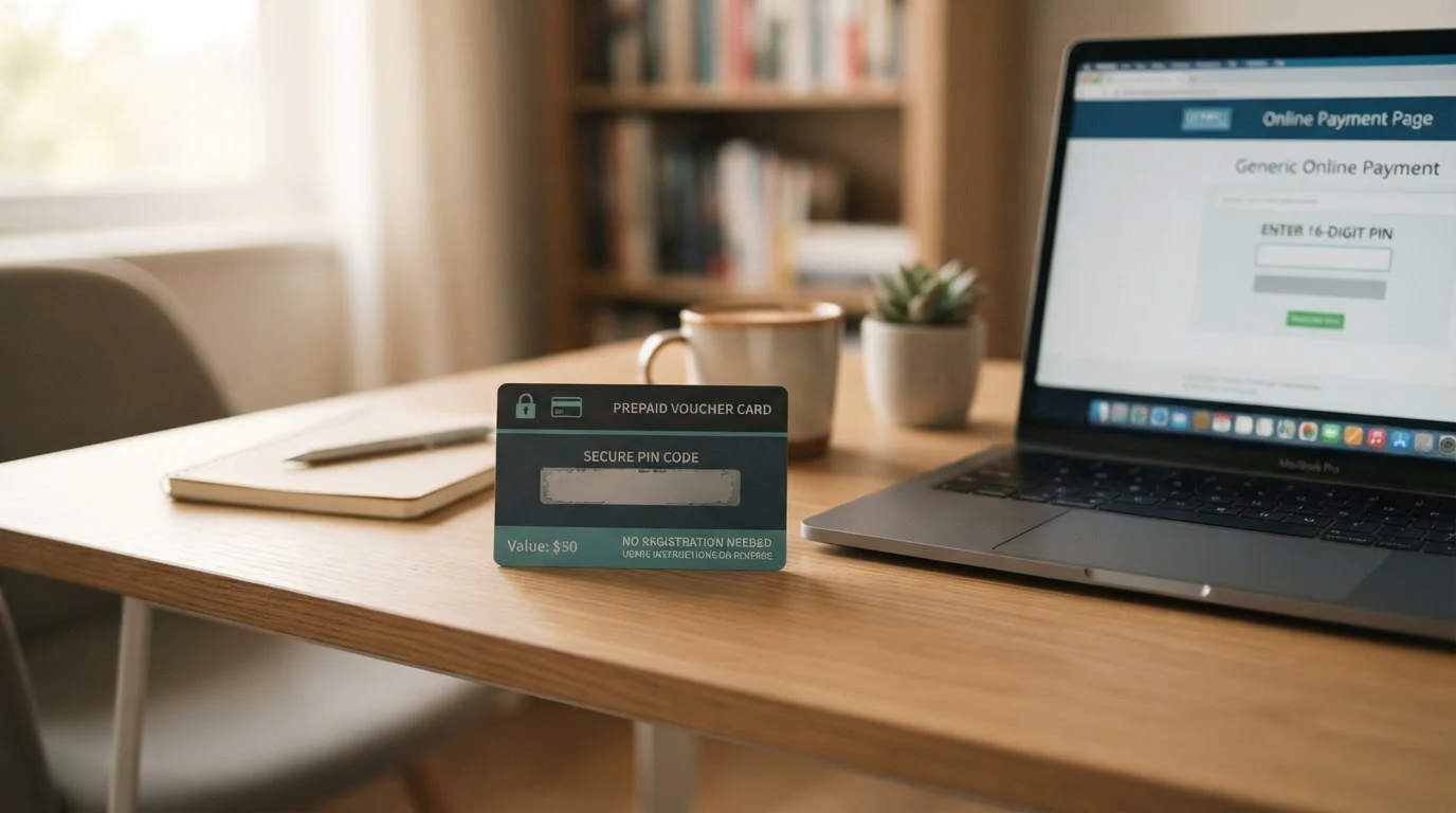 Paysafecard prepaid voucher s 16-místným PIN kódem na pracovním stole vedle notebooku
