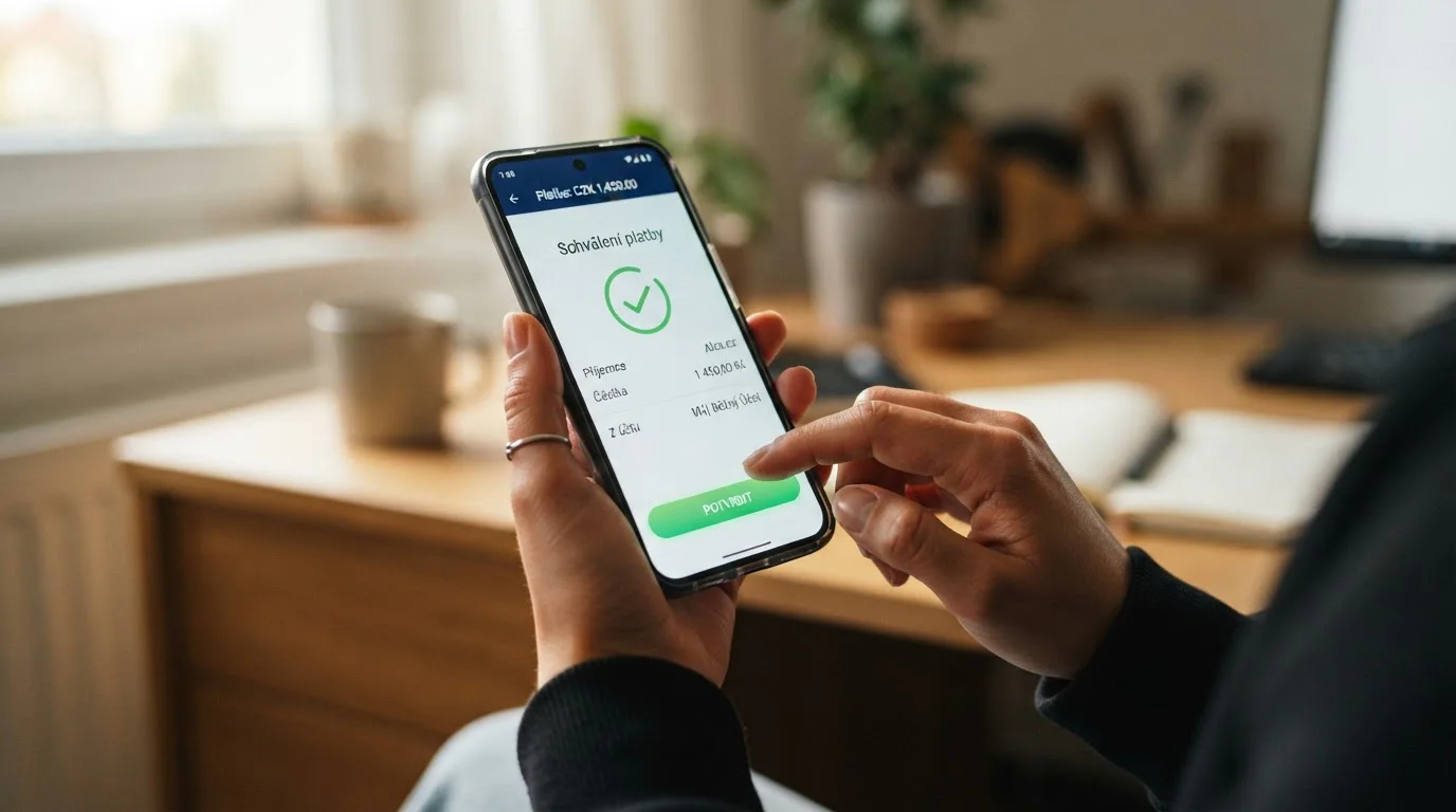 Mobilní telefon s George aplikací zobrazující autorizaci platby do online kasina