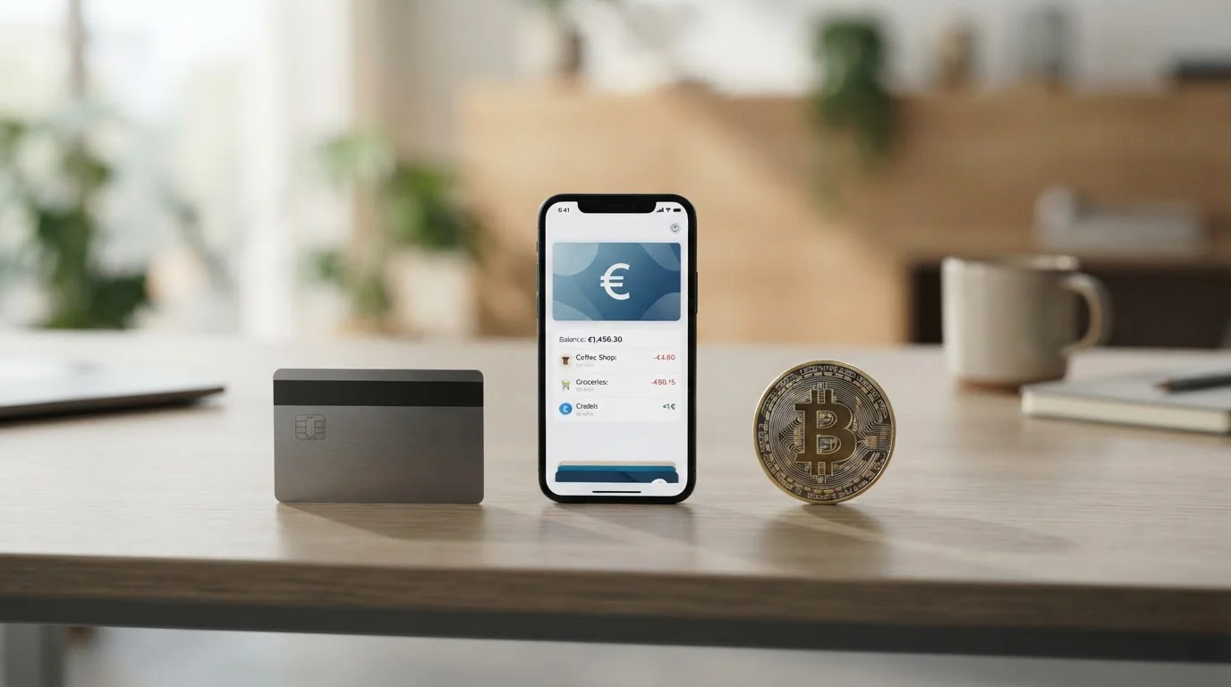 Různé platební metody zobrazené symbolicky — kreditní karta, smartphone s e-peněženkou a cryptocurrency symbol