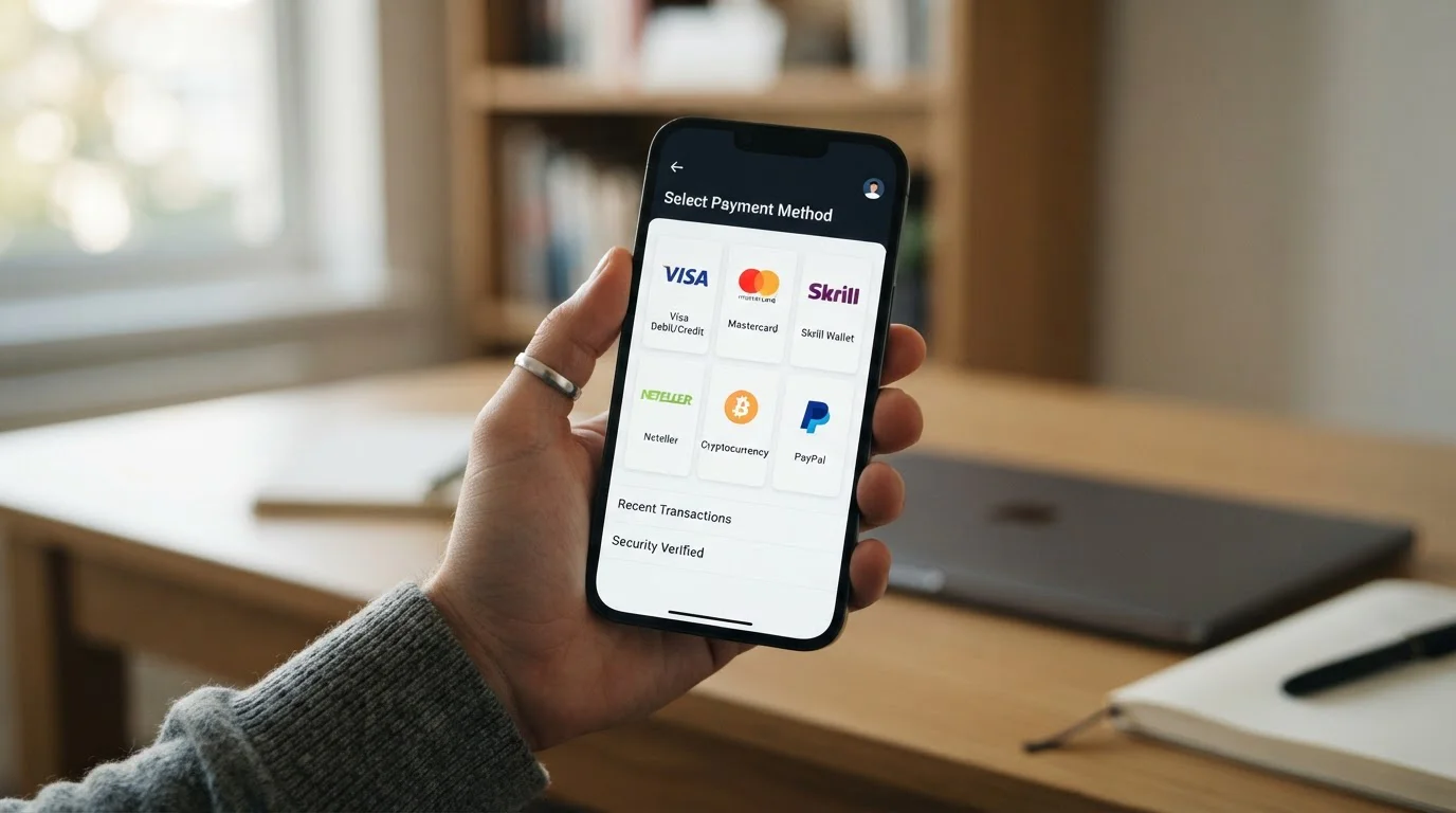 Smartphone s ikonami platebních metod Visa Mastercard Skrill Neteller Bitcoin na obrazovce cashier sekce