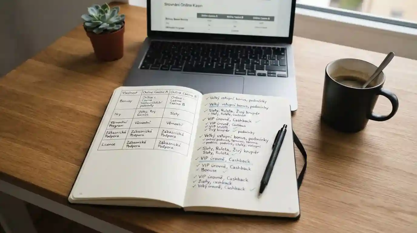 Notebook s porovnáním různých online kasin a platebních metod