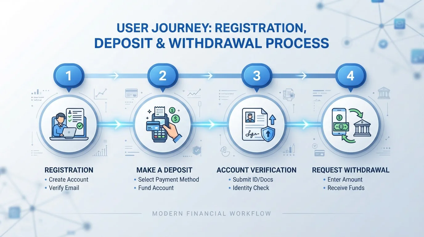 Diagram čtyř kroků: registrace, vklad, hra, výběr — s očíslovanými fázemi a ikonami