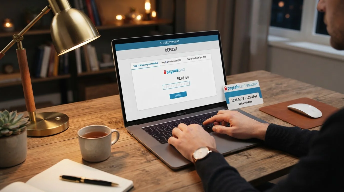 Notebook zobrazující postup vkladu paysafecard s očíslovanými kroky, poukaz vedle klávesnice