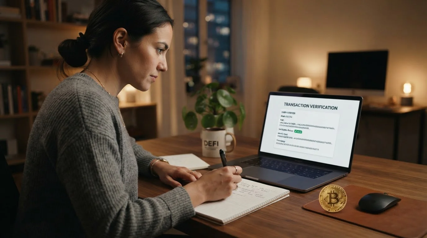 Laptop s rozhraním provably fair hash ověření a poznámkami na stole