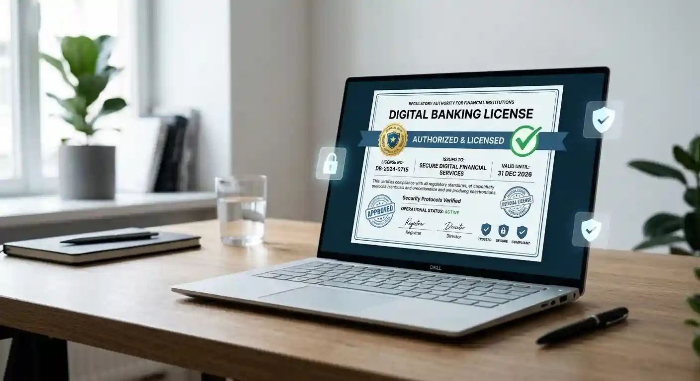 Digitální bankovní licence a bezpečnostní ikony na monitoru