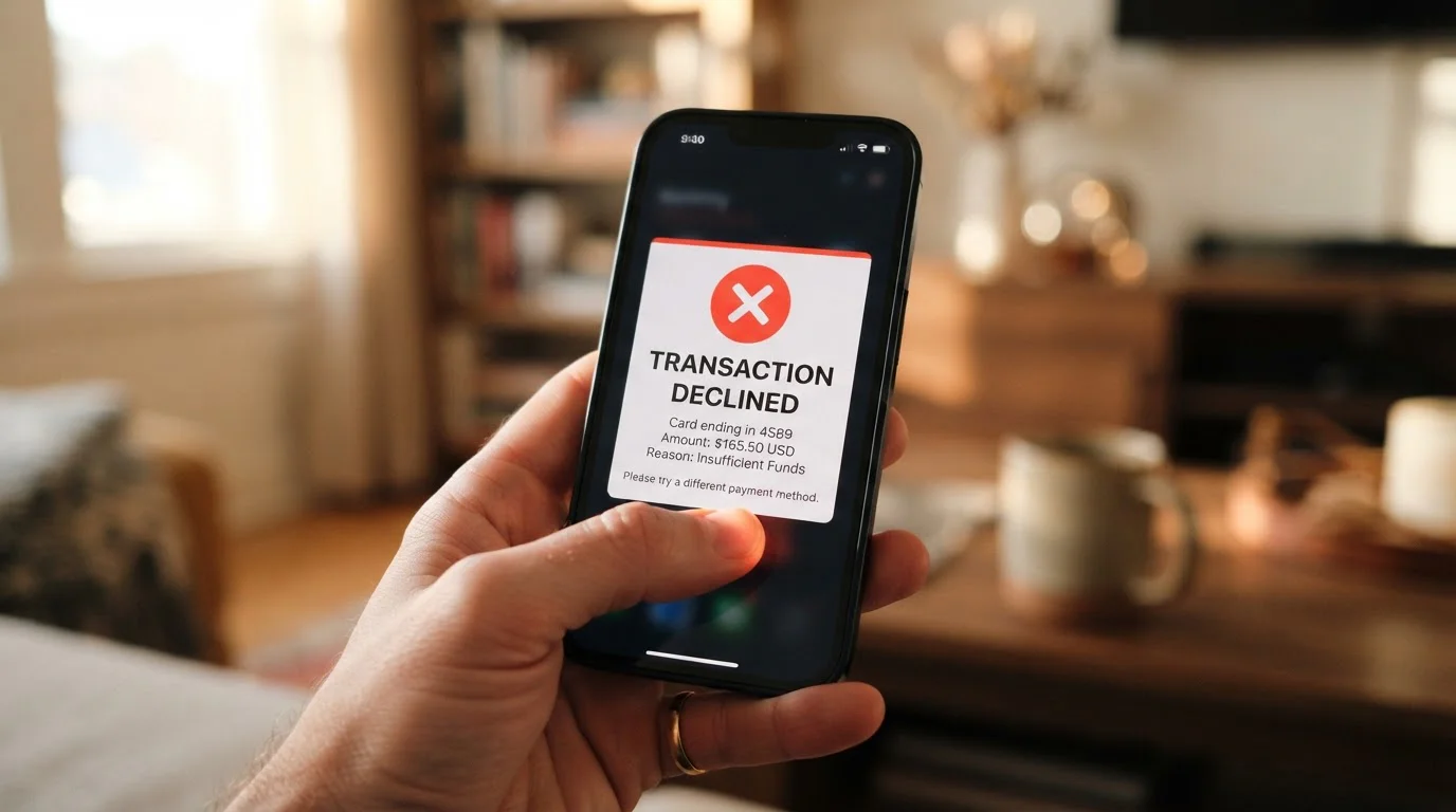 Detailní zobrazení notifikace o zamítnuté transakci v mobilní aplikaci