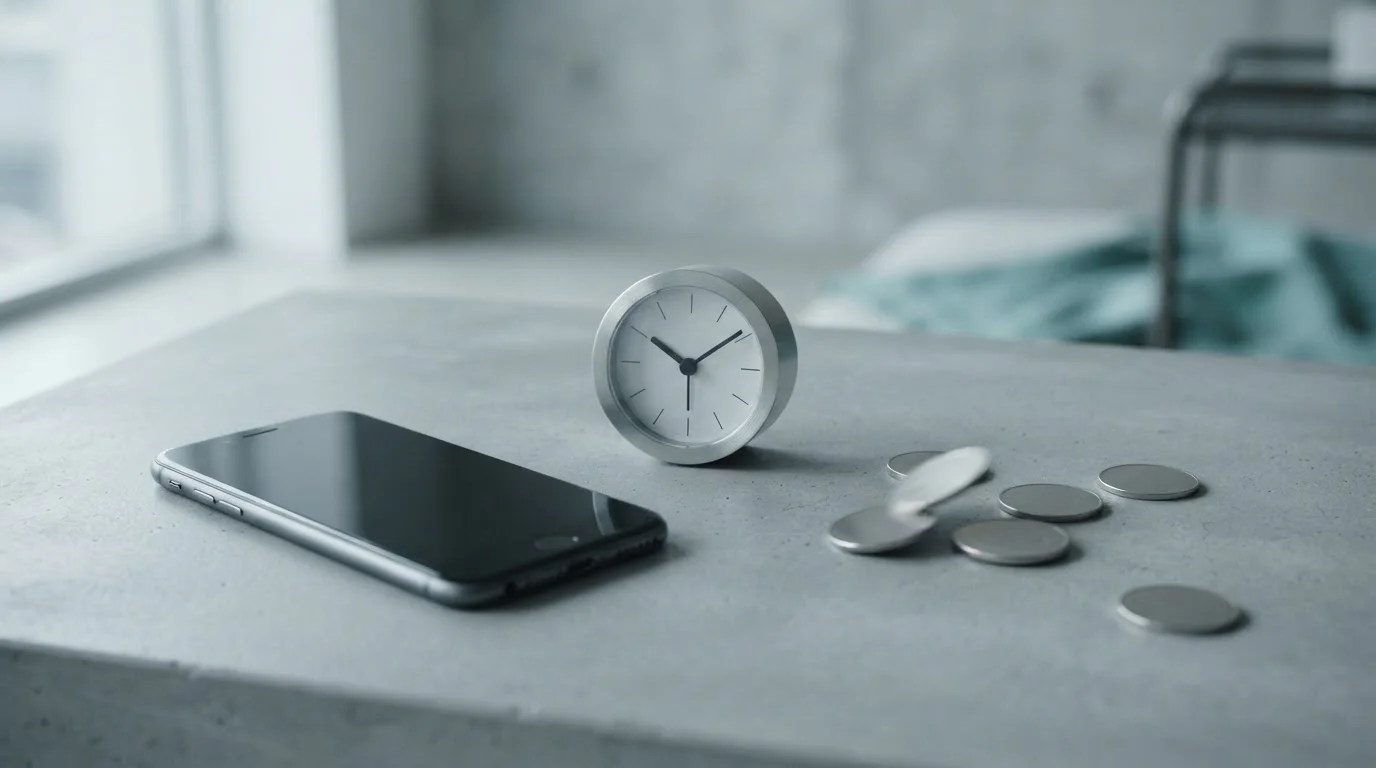 Smartphone na matové ploše vedle analogových hodin a několika mincí v lehkém rozmazání symbolizujícím rychlost