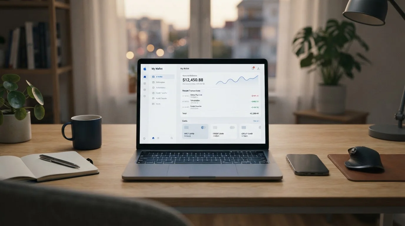 Notebook s e-wallet dashboardem a smartphone na čistém pracovním stole