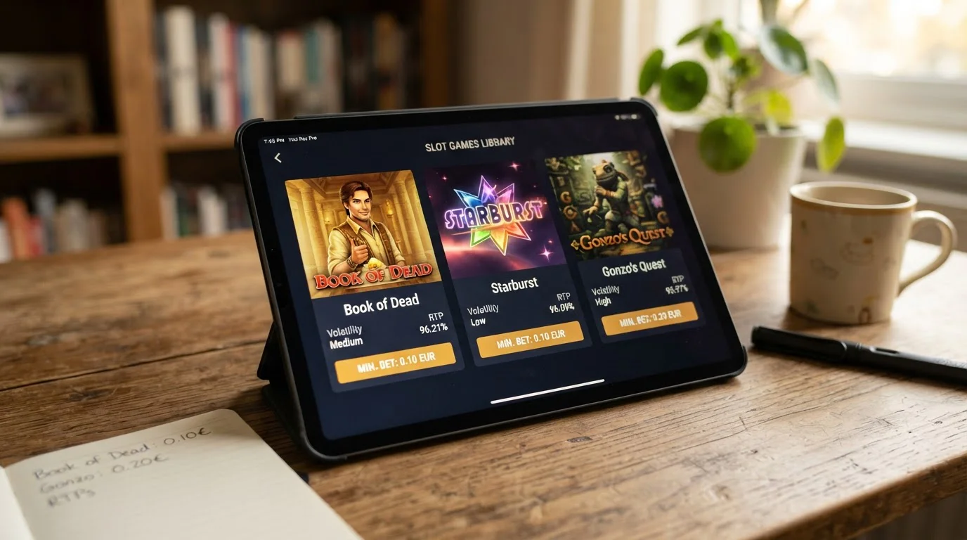 Tablet se sloty Book of Dead Starburst Gonzo's Quest na obrazovce s informací o minimálních sázkách