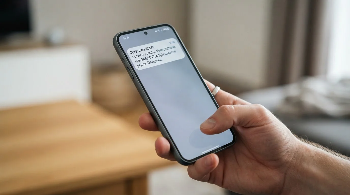 Smartphone přijímající SMS notifikaci s potvrzením platby