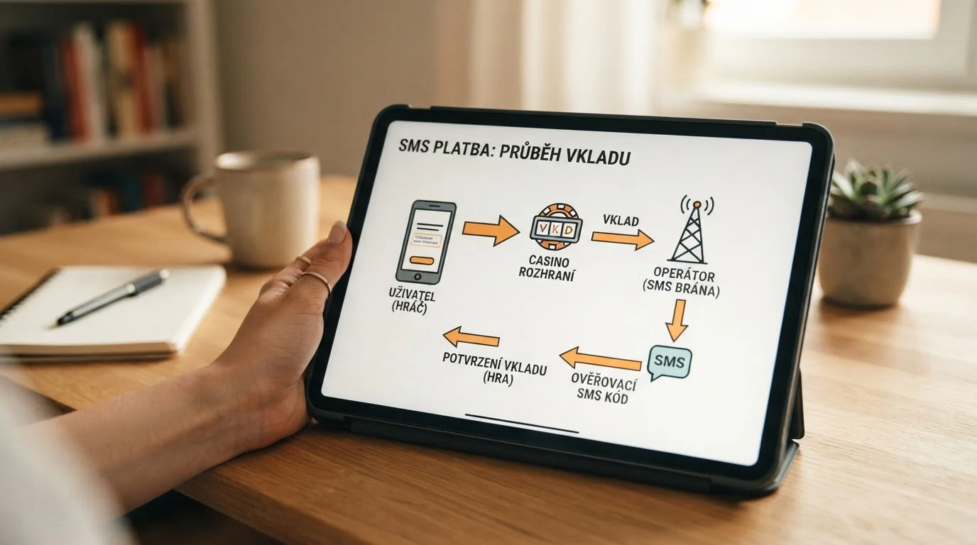 Tablet zobrazující diagram průběhu SMS platby s ikonami telefonu a casino rozhraní