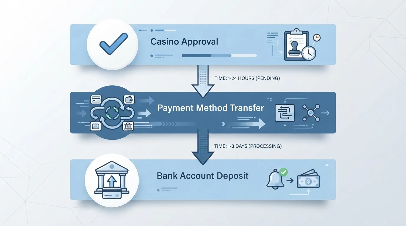 Diagram tří vrstev výběru z online casina – schválení, transfer, příchod na účet