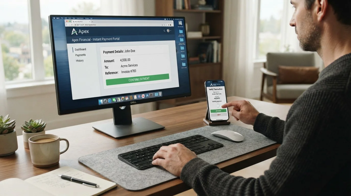 Počítač zobrazující rozhraní internetového bankovnictví pro okamžité platby s telefonem