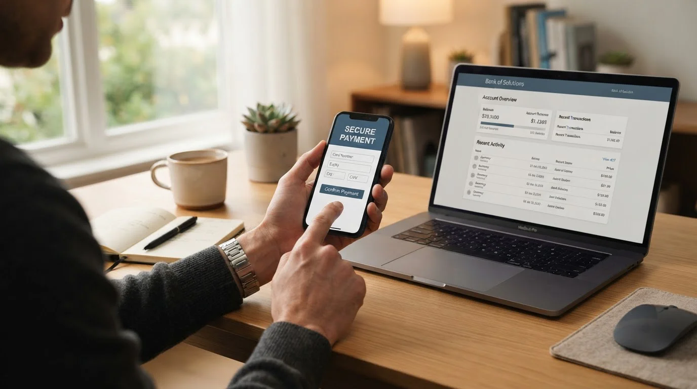 Osoba u stolu provádějící online platbu na smartphonu s notebookem vedle