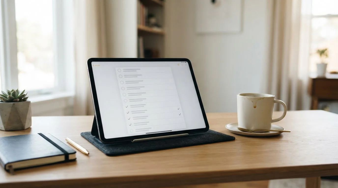 Kontrolní seznam s zaškrtávátky na tabletu vedle šálku kávy
