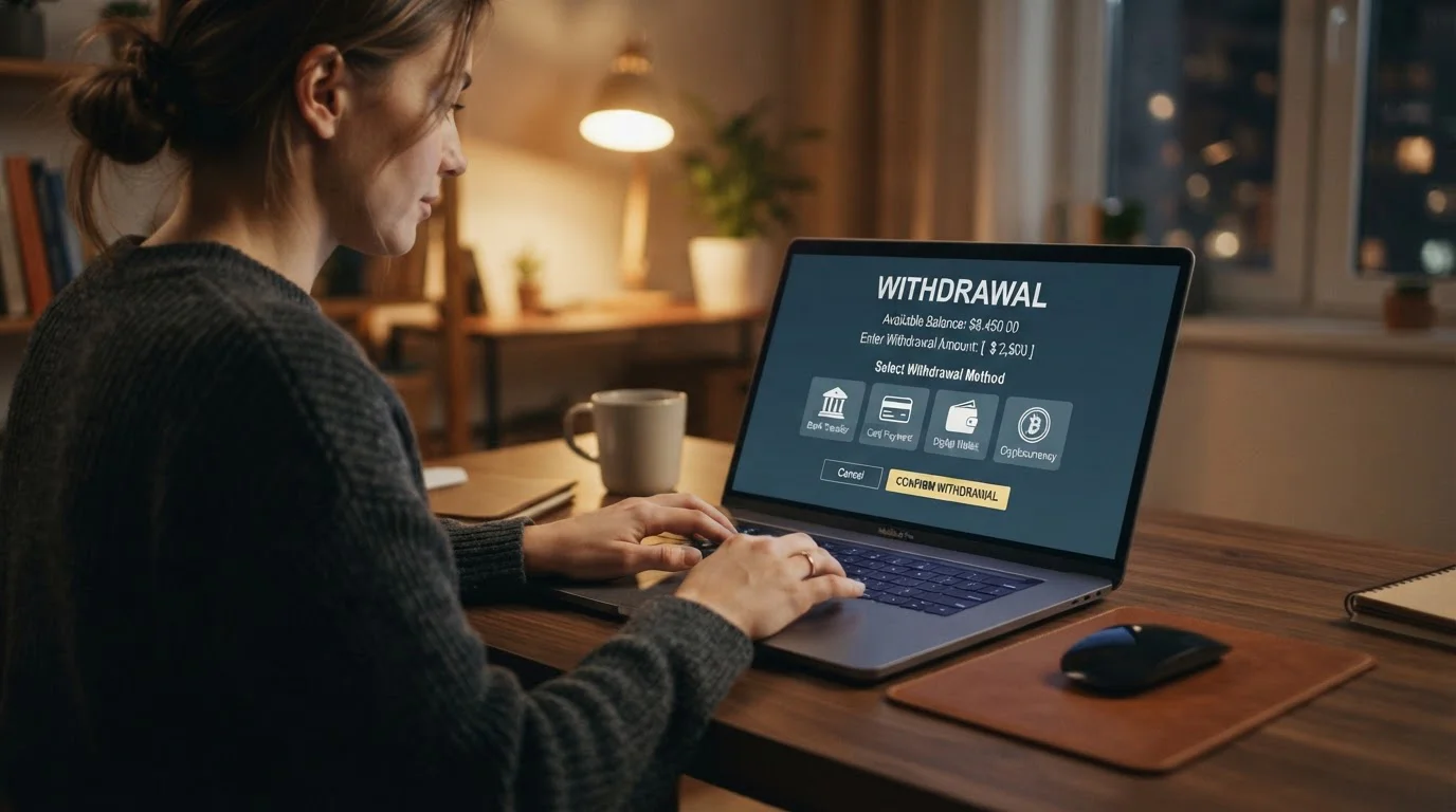 Notebook s obrazovkou casino cashier sekce zobrazující ikony různých výběrových metod