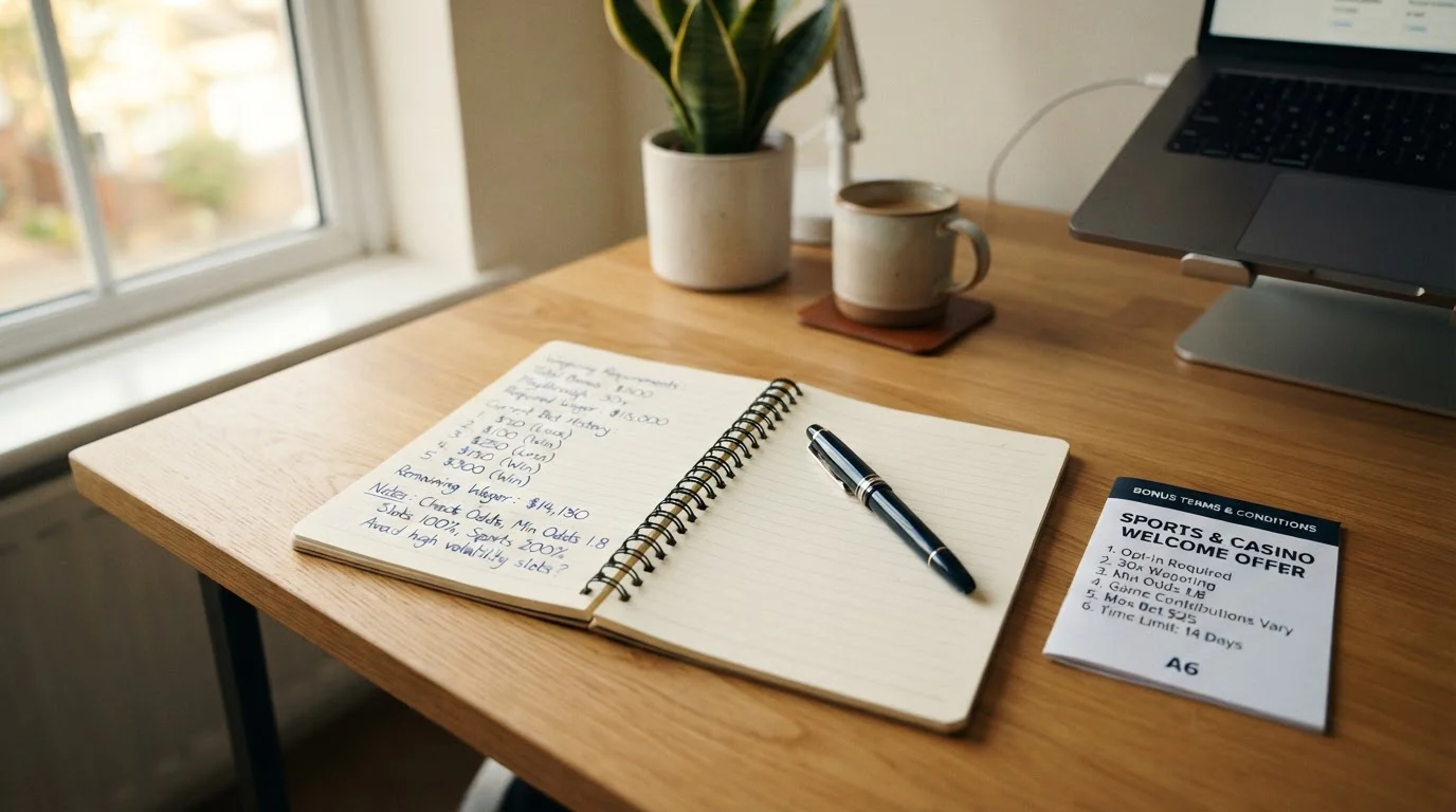 Notebook s výpočty wageru a pero na stránce s herními pravidly