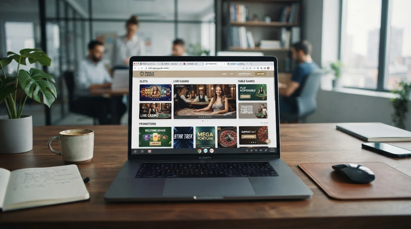 Notebook s otevřenými weby mezinárodních online casin na obrazovce