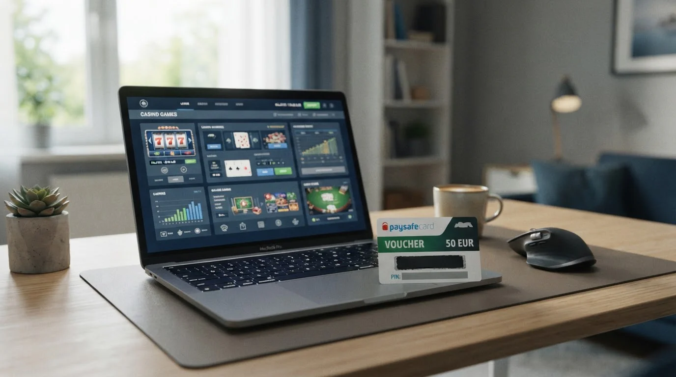 Moderní pracovní prostředí s notebookem zobrazujícím rozhraní online casina a paysafecard poukazem
