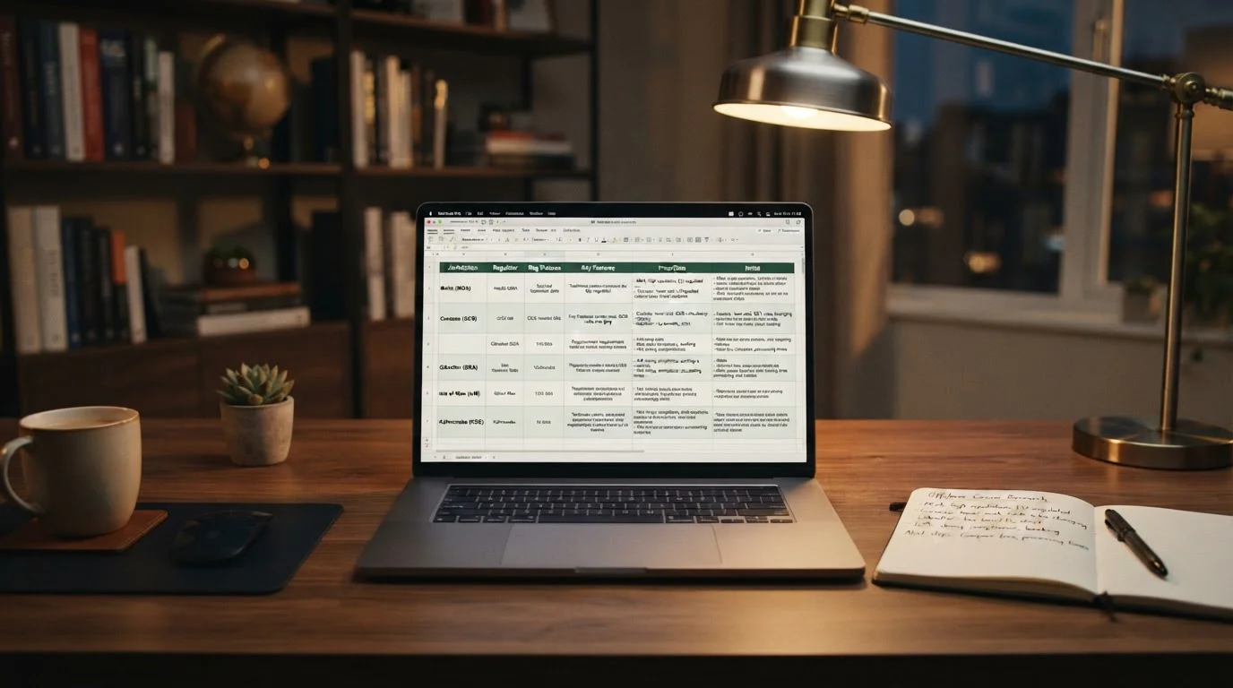 Notebook zobrazující srovnávací tabulku zahraničních casino licencí s poznámkovým blokem