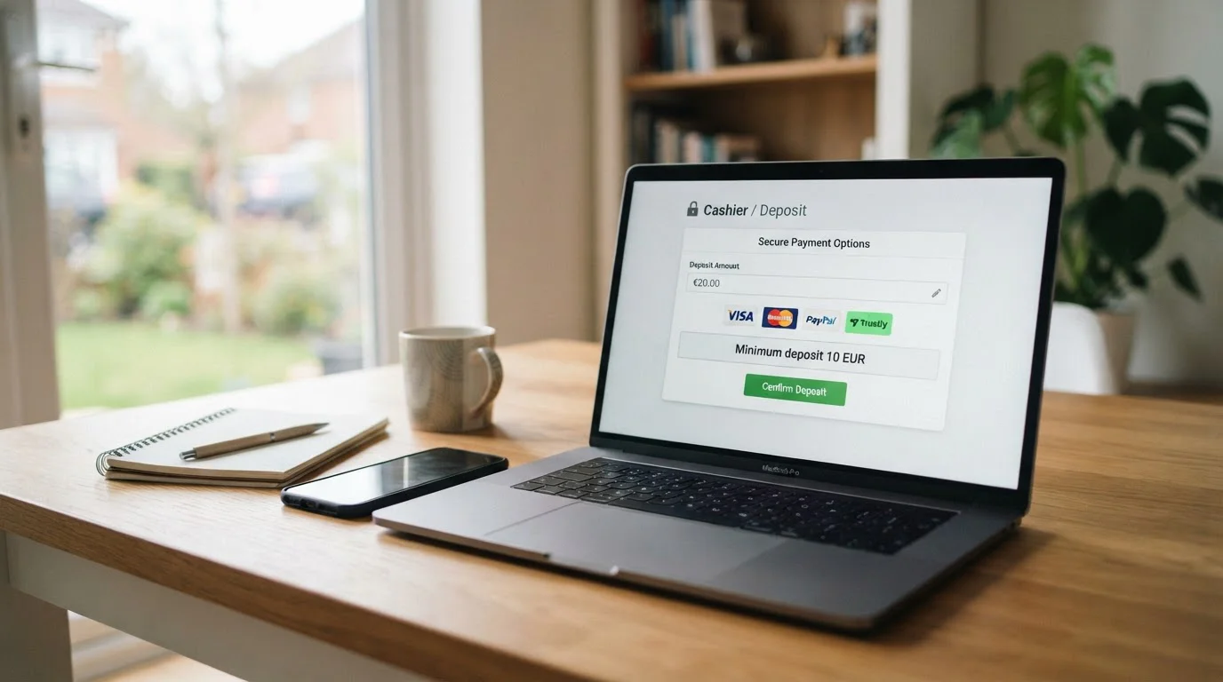 Laptop s otevřeným zahraničním online casinem a nízký vklad 10 eur na obrazovce