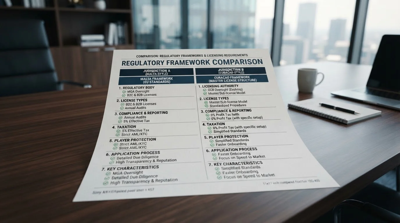 Srovnávací tabulka maltských a curacaoských licencí s checklistem podmínek