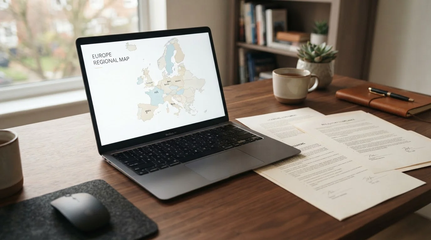 Notebook na stole s mapou Evropy na obrazovce a dokumenty o mezinárodních licencích