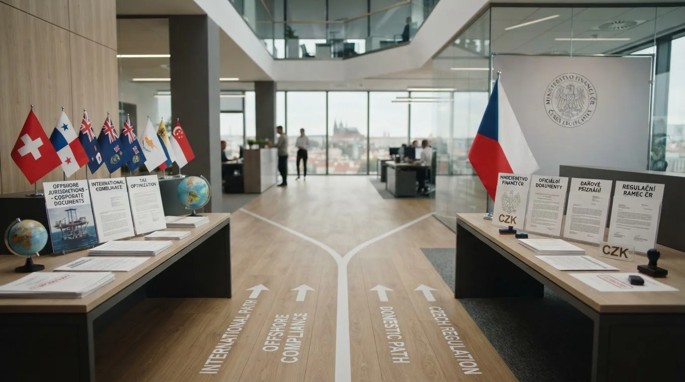 Dvě cesty rozhodování — symbolické rozdělení mezi offshore platformou a českou regulovanou variantou